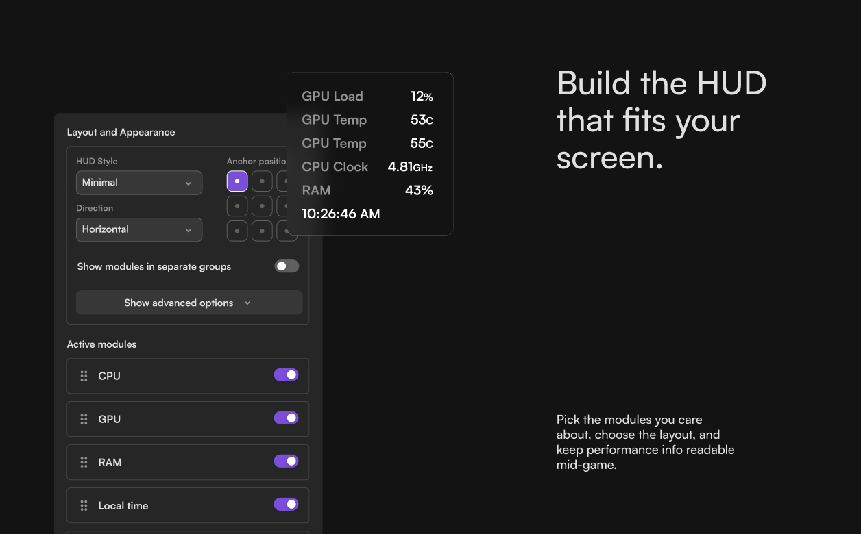 Gaming HUD configuration panel with layout, anchor position and active modules
