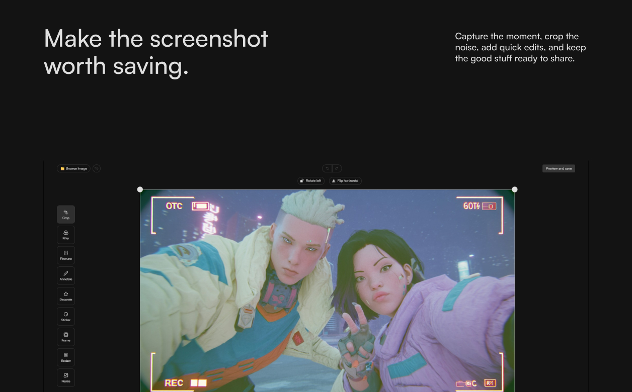 Control image editor with a captured game frame and editing tools